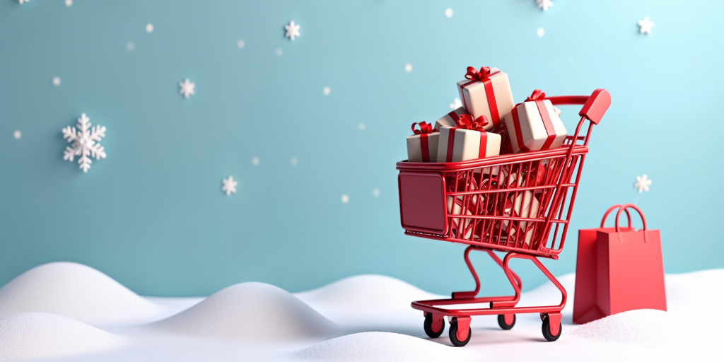 A miniature shopping cart filled with Christmas gifts.