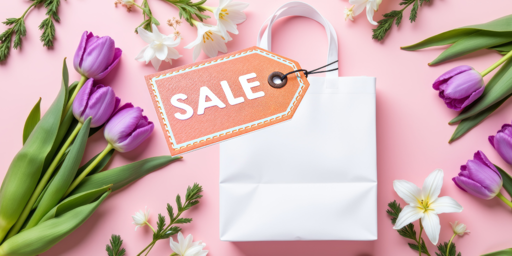A shopping bag with a Sale tag attached to it. The bag is on a monochrome pink background surrounded by flowers. 