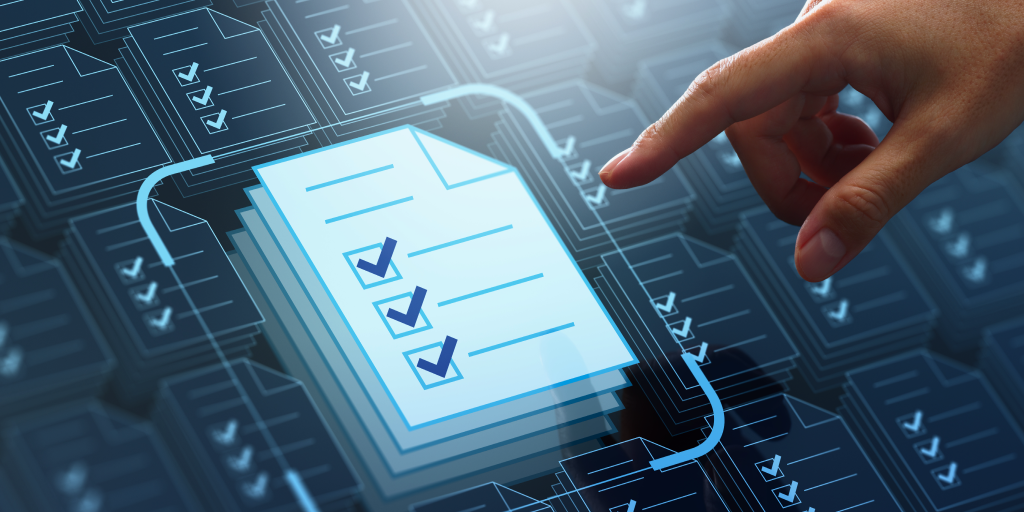 An index finger pointing at a virtual checklist. 