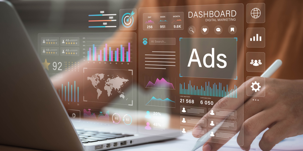 A virtual dashboard displaying different metrics. The word Ads is written in the upper right corner. 