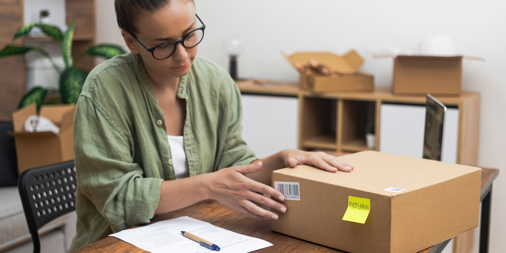 A women sits at a table. She is sticking a return label to a package that is placed on the table. 