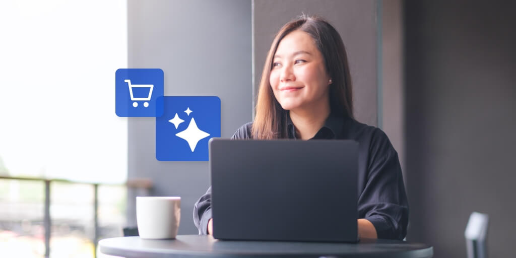 A woman sitting at desk in front of a laptop. Next to her is a tea cup and AI and shopping cart icons.