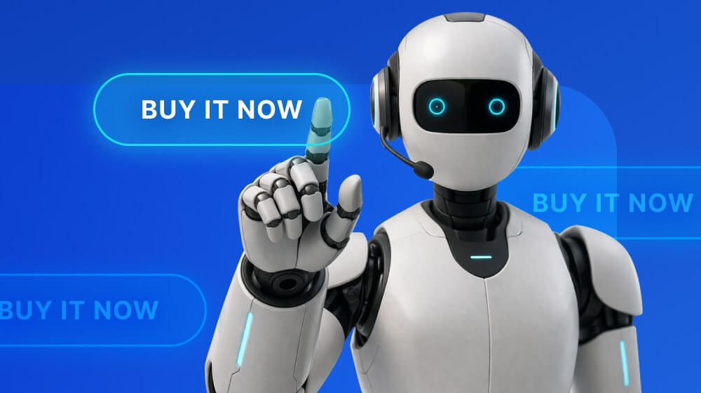 A robot tapping a virtual Buy It Now button