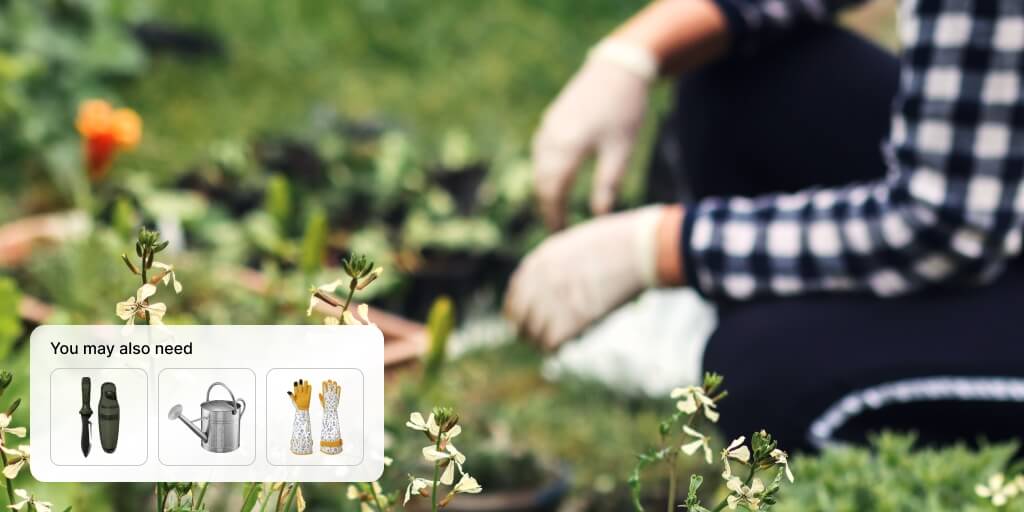 A person is sitting in the garden, only their hands are visible. In the lower left corner there is an image overlay with several 'You may also need' items.