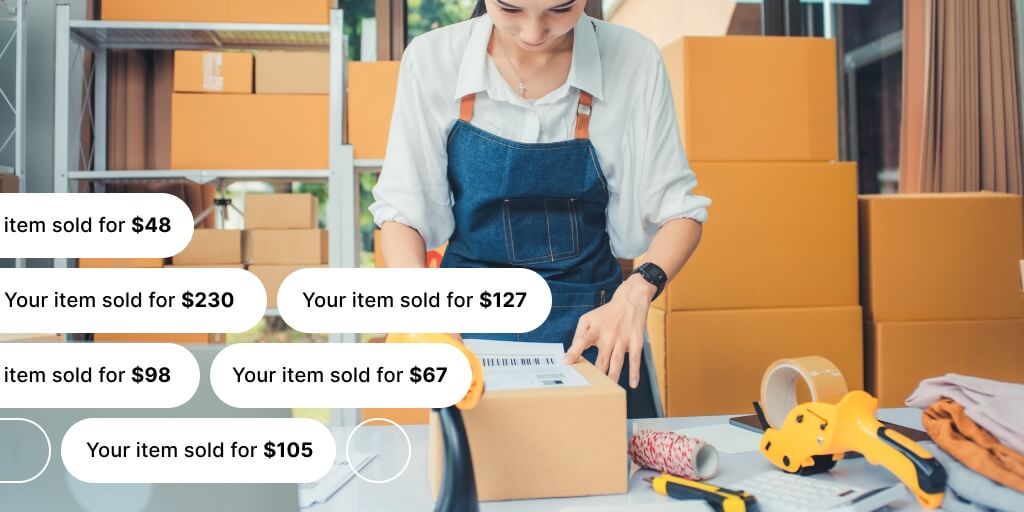 A women at a warehouse packing a parcel. Multiple textboxes with words 'Your item sold for $' are located in the lower -left part of the picture.