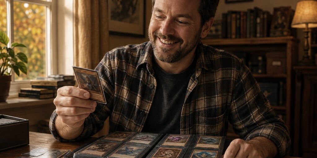 A man sitting at a table and holding a collectible card. Numerous cards are laying in front of him on the table. 