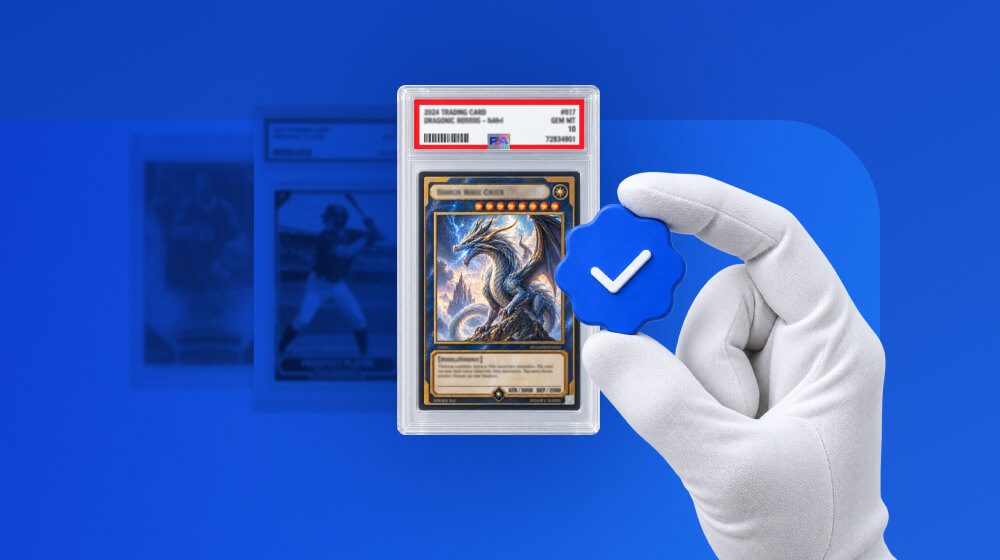 A listing of a collectible trading card. In front of it is a hand in white glove holding a blue eBay authenticity checkmark between a thumb and the index finger.