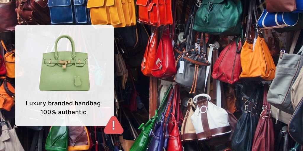 A product listing featuring a green handbag with the words 'Luxury branded handbag 100% authentic' written below it. Multiple handbags are in the background. 