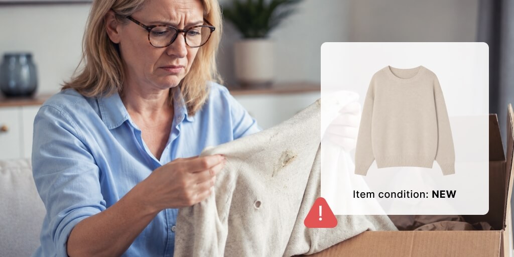 A woman holding a sweater. Item condition: New is written in a textbox next to her, and an exclamation mark indicates that the product's condition isn't new. 