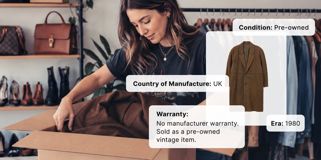 A women holding a cardigan. The item's listing is next to her showing Item Specifics such as the country of manufacture and product's condition. 