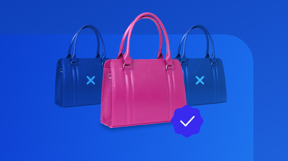 Three handbags on a monochrome background. Two handbags on the side have x marks while the pink handbag in the middle features a checkmark that implies reselling it is legal.
