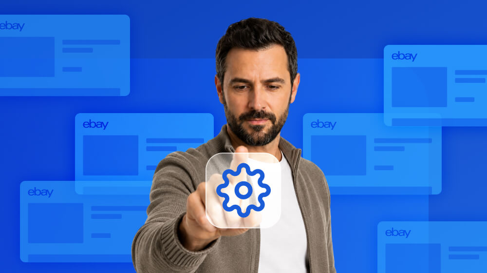 An eBay seller extending their hand toward the Settings icon.