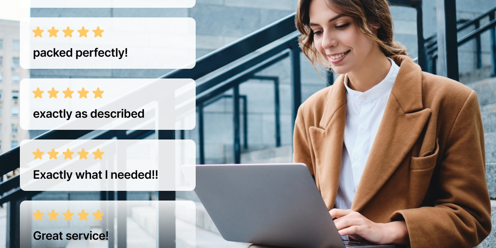 A woman in a business attire next to a laptop. On her left side are positive eBay feedback examples.