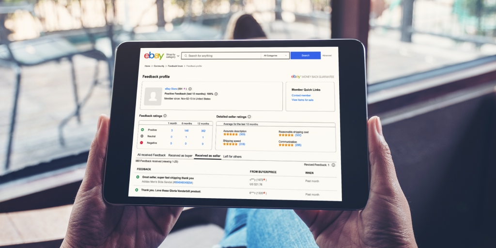 A tablet displaying an eBay feedback profile.