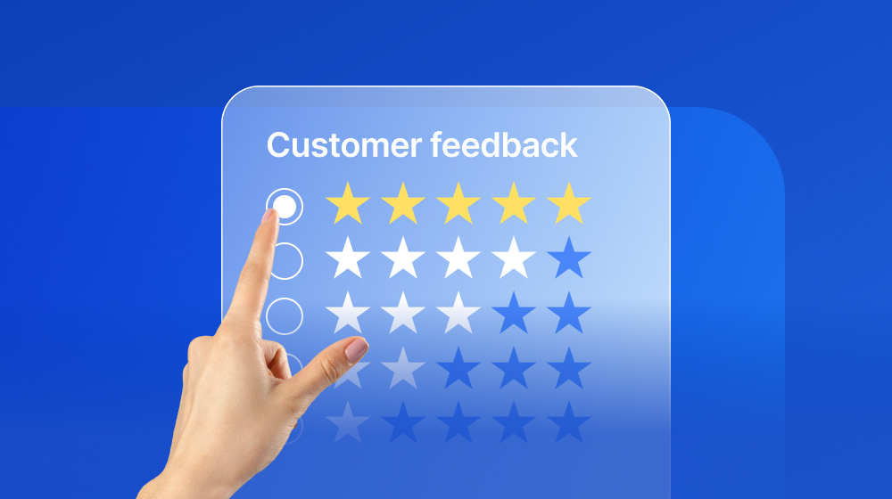 A hand extending toward a digital screen with the words Customer Feedback written on it. The index finger points out to a five-star review option.