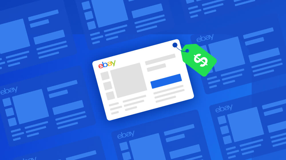 A view of an eBay listing template with a price tag attached to it on a monochrome blue background.