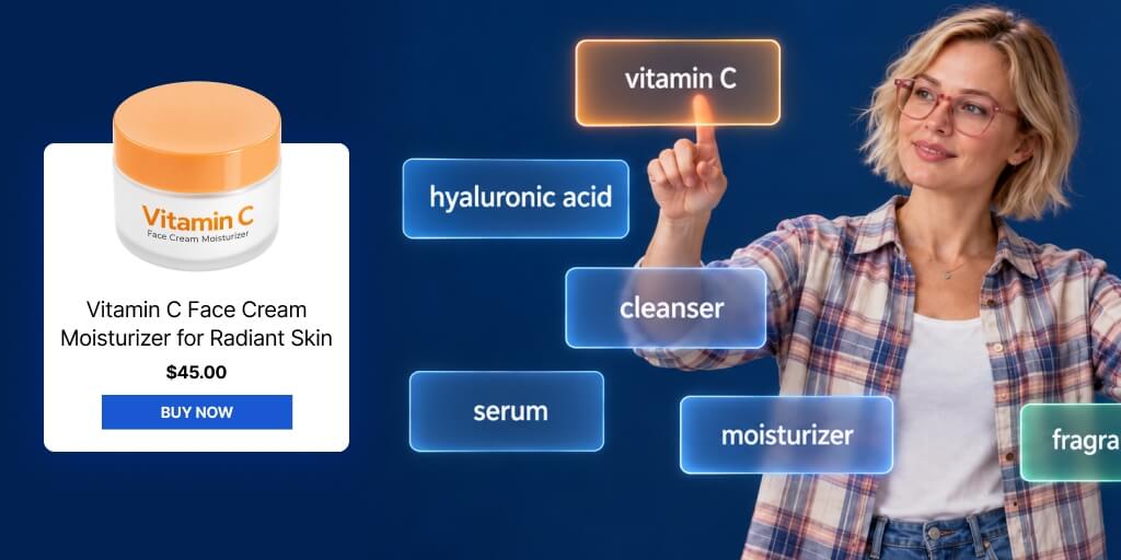 A woman pressing a Vitamin C digital button with her finger. Next to her is a product listing of a face cream.