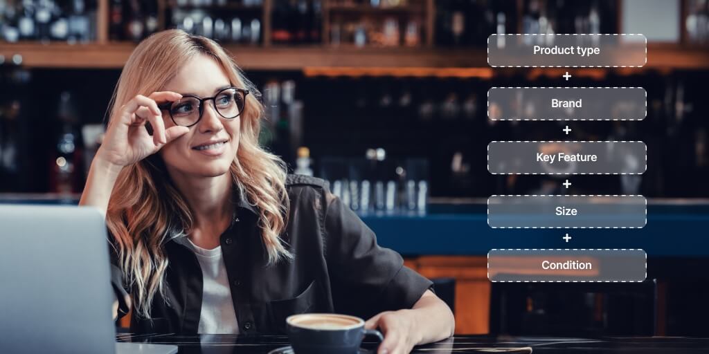 A woman with eye glasses sitting at a desk. Next to her is a text overlay showing the formula for eBay listing title creation.